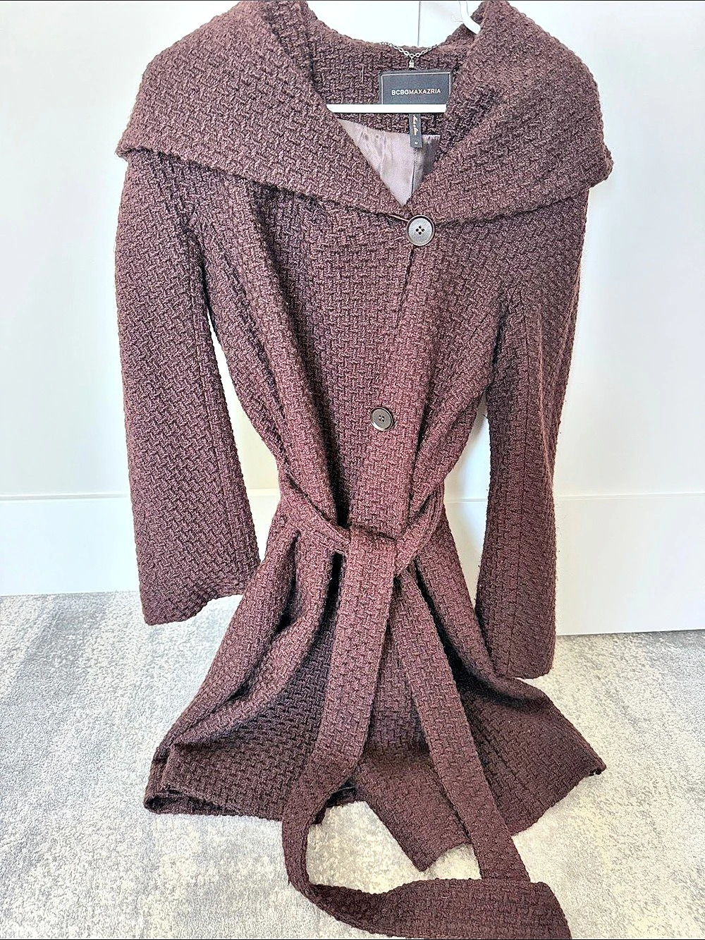 BCBGMAXAZRIA Hooded Belted Coat in Brown Size Medium Like New